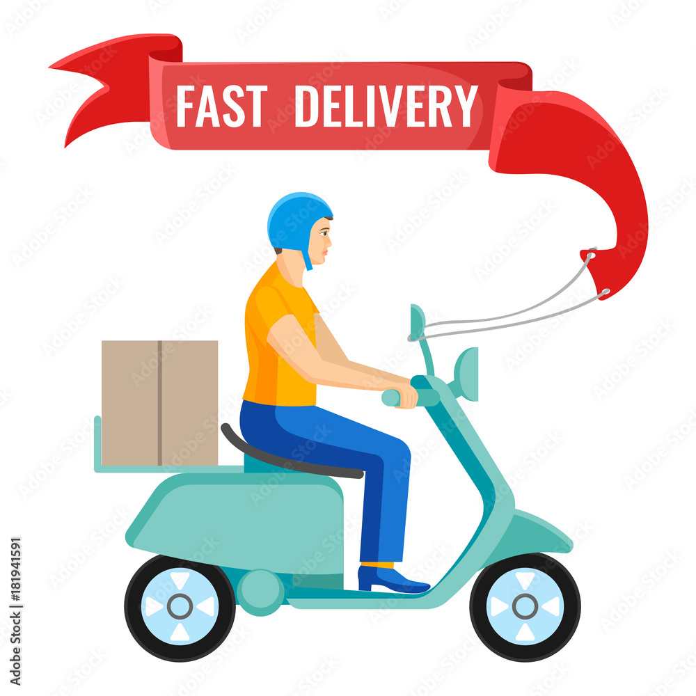 Fast delivery man on moped on vector illustration