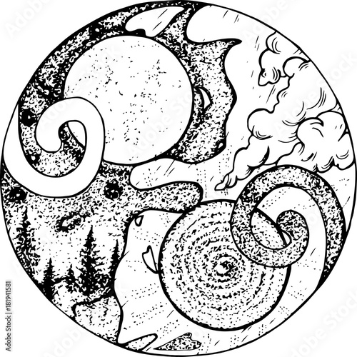 Illustrated symbol of yin yang with two cats. Landscapes of day and night in them.