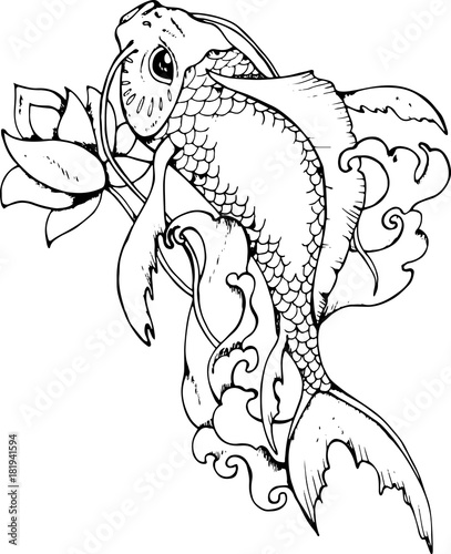 llustration of Japanese carp. Black and white drawing