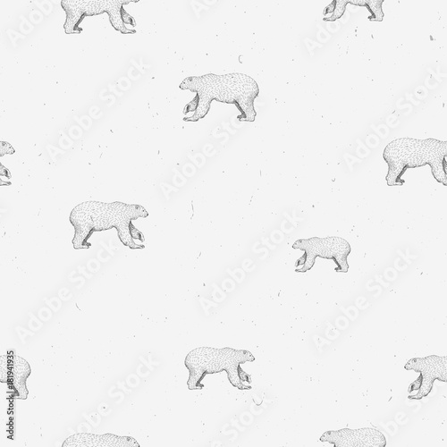 Polar bear cute sketch line art seamless pattern on gray grunge background. Cute graphic animal illustration. Design for fabric, textile, decor.