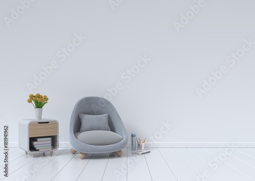 Living Room interior with velvet armchair on white wall background,minimal design, 3D rendering.