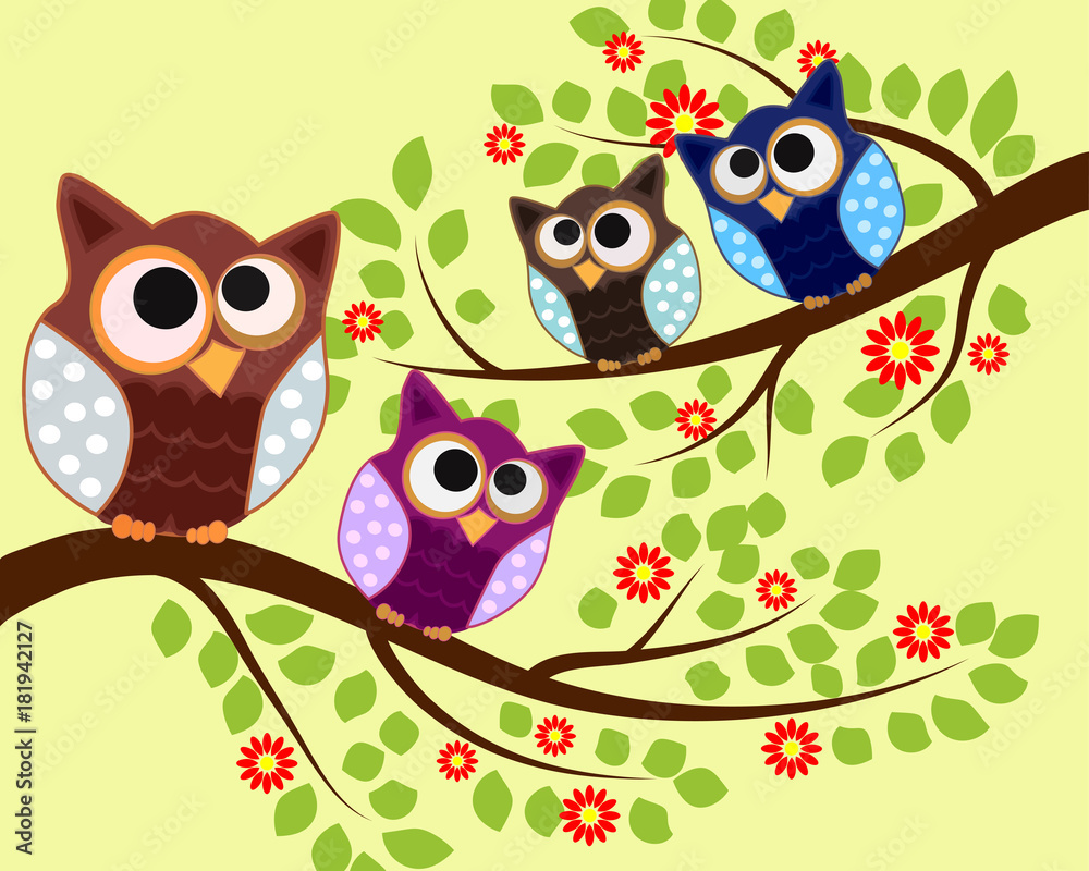 Obraz premium Bright cute cartoon owls sit on the flowering branches of fantastic trees