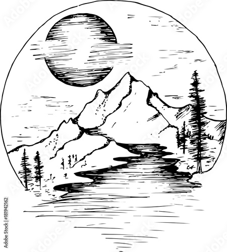 Illustration of fir, moon, clouds and river.
