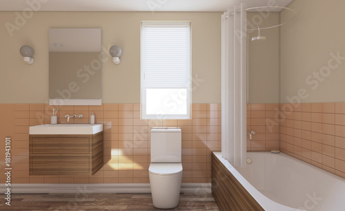 Modern bathroom with large window. 3D rendering.