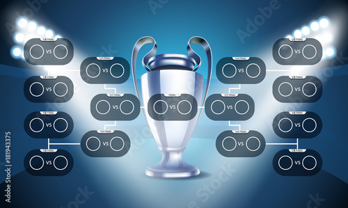 Football tournament scheme. Football infographic template. Shining silver cup with projectors