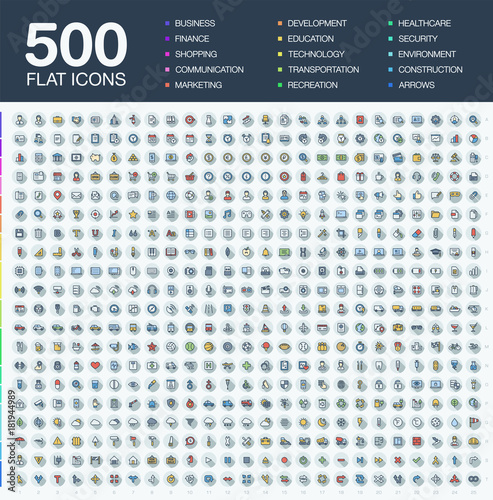 Vector illustration of 500 flat thin line business icons. Finance, shopping, communication technology, market, app develop, education, transport, healthcare, environment and security. Color symbol set