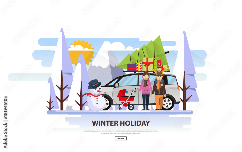 Christmas family holidays. Merry Christmas Flat style vector illustration. Christmas tree on top of the family  car.