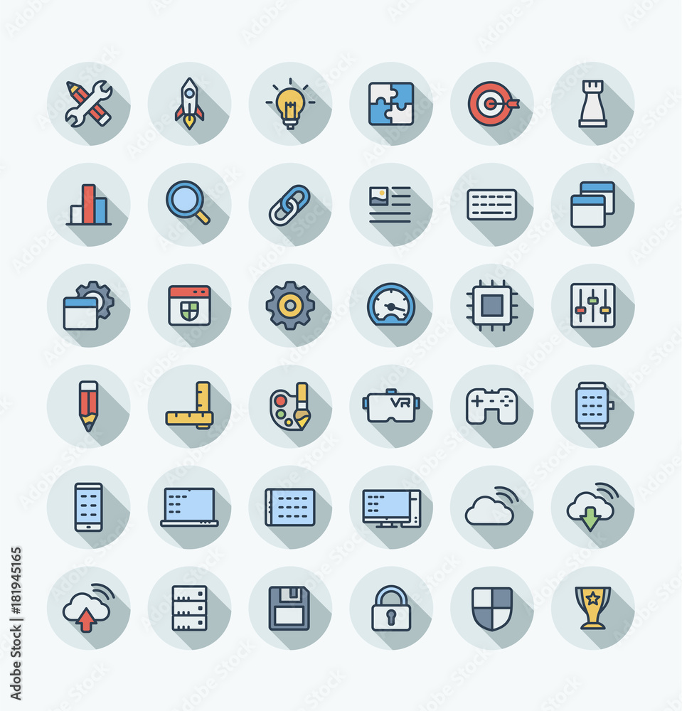 Vector flat thin line icons set and graphic design elements. Digital development outline symbols illustration . Startup, idea bulb, research, game, content, software, app programming color pictogram Vector flat thin line icons set and graphic design elements. Digital development outline symbols illustration . Startup, idea bulb, research, game, content, software, app programming color pictogram