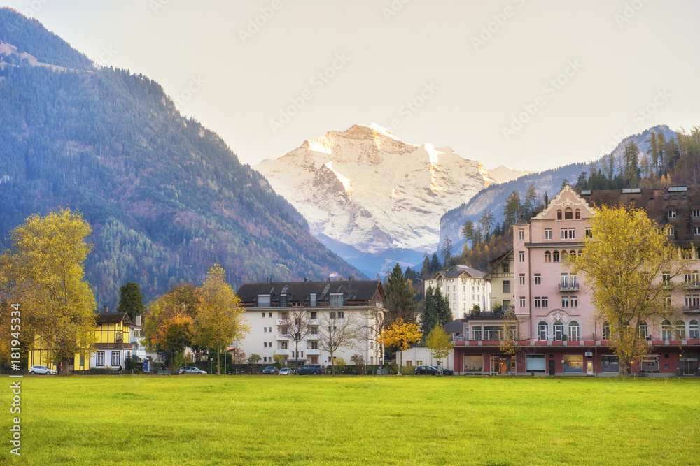 Beautiful of Alps mountain and village at Autumn in Interlaken canton, Switzerland