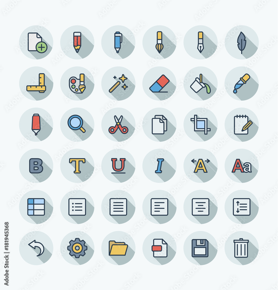 Vector flat thin line icons set, graphic design elements. Illustration with text edit, Graphic tools outline symbols. Pencil, eraser, new file, brush, pen, scissors, bold, italic font color pictogram Vector flat thin line icons set, graphic design elements. Illustration with text edit, Graphic tools outline symbols. Pencil, eraser, new file, brush, pen, scissors, bold, italic font color pictogram