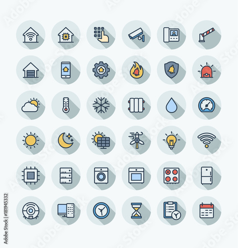 Vector flat thin line icons set, graphic design elements. Home, smart house, outline symbols illustration. Robot vacuum cleaner, oven, device, security, wireless remote control system color pictogram