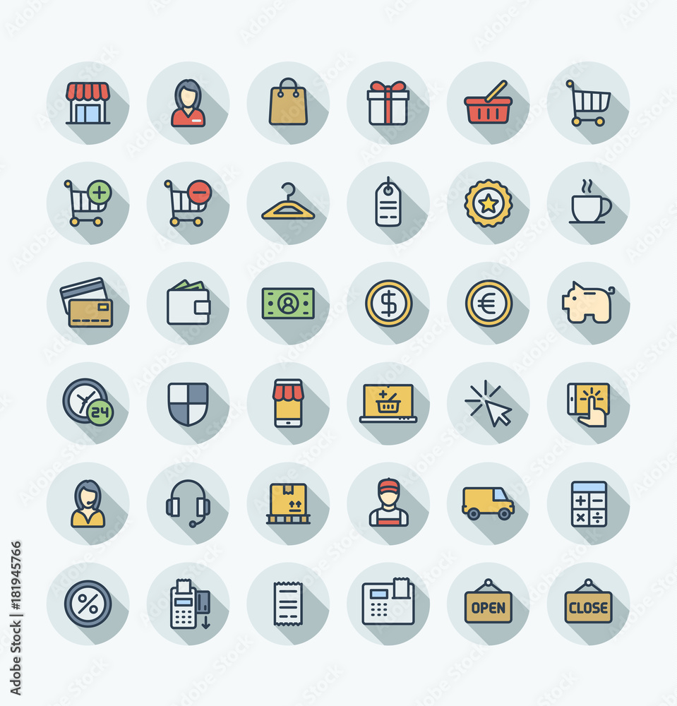 Vector thin line icons set and graphic design. Illustration with shopping, e-commerce outline symbols. Internet market, store, delivery, gift box, bag, payment, pay per click flat color pictogram Vector thin line icons set and graphic design. Illustration with shopping, e-commerce outline symbols. Internet market, store, delivery, gift box, bag, payment, pay per click flat color pictogram
