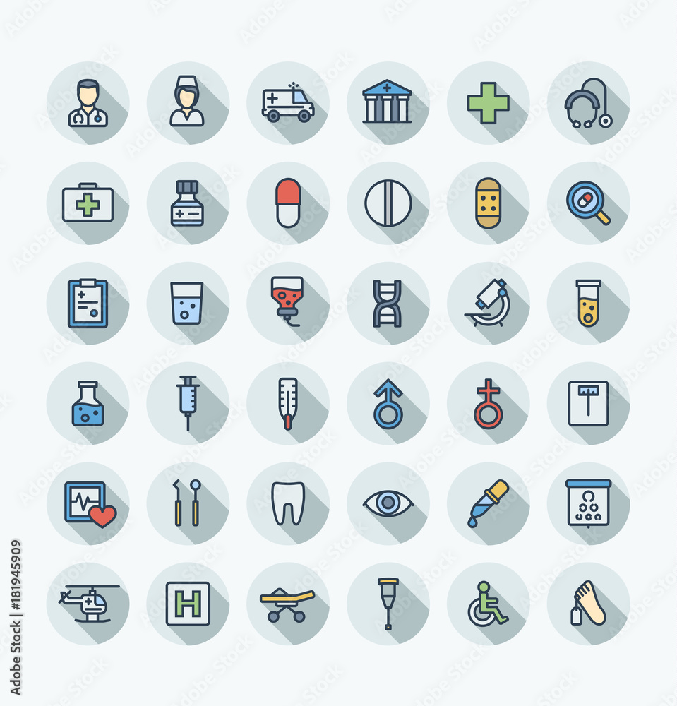 Vector thin line icons set and graphic design. Illustration with medical, medicine and healthcare outline symbols. Dentist, health, ambulance, care, doctor, pill, stethoscope flat color pictogram Vector thin line icons set and graphic design. Illustration with medical, medicine and healthcare outline symbols. Dentist, health, ambulance, care, doctor, pill, stethoscope flat color pictogram