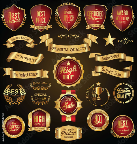 Gold and red retro sale badges and labels vector collection