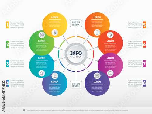 Part of the report with icons set. Vector infographic of technology or education process. Web Template of a circle infochart, diagram or presentation. Business concept with 8 options.
