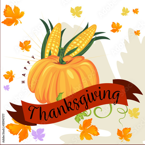 pumpkin with two corn cobs in green leaves, autumn food background vector illustration, vegetable harvesting, thanksgiving day products