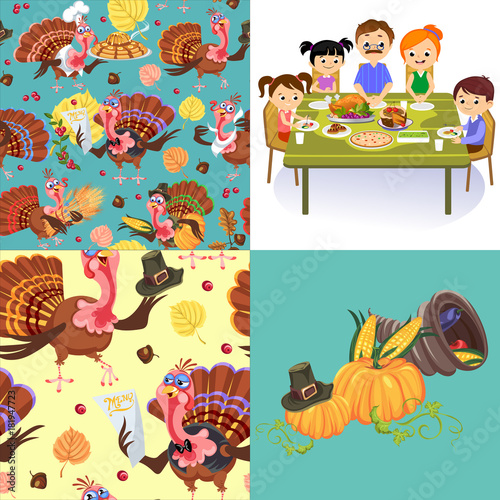 Harvest set  organic foods like fruit and vegetables  happy thanksgiving dinner background  vector illustration harvesting with pumpkin and stack of wheat ears  cranberry berries  bunches of grapes