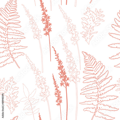 Floral vector seamless pattern with different hand drawn leaves, wild flowers...