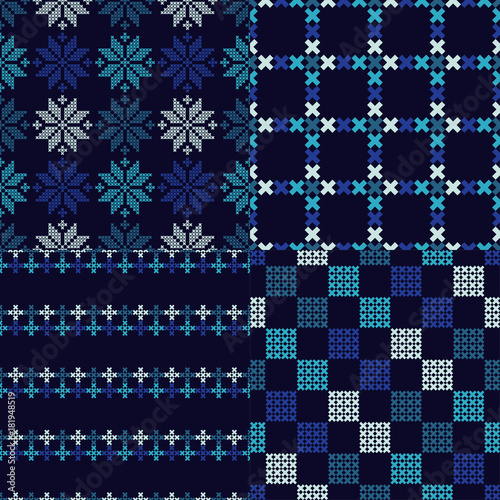 Set of 4 Seamless vector backgrounds cross stitch Norwegian snowflakes. Folk motifs. Winter pattern. Textile rapport.