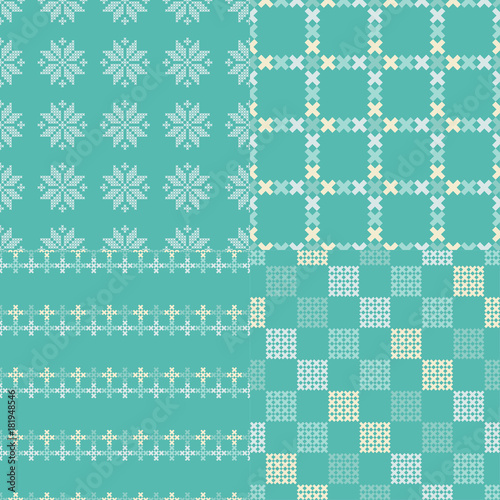 Set of 4 Seamless vector backgrounds cross stitch Norwegian snowflakes. Folk motifs. Winter pattern. Textile rapport.