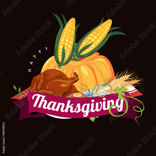 pumpkin with two corn cobs in green leaves, autumn food background vector illustration, vegetable harvesting, thanksgiving day products