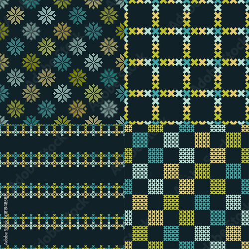 Set of 4 Seamless vector backgrounds cross stitch Norwegian snowflakes. Folk motifs. Winter pattern. Textile rapport.