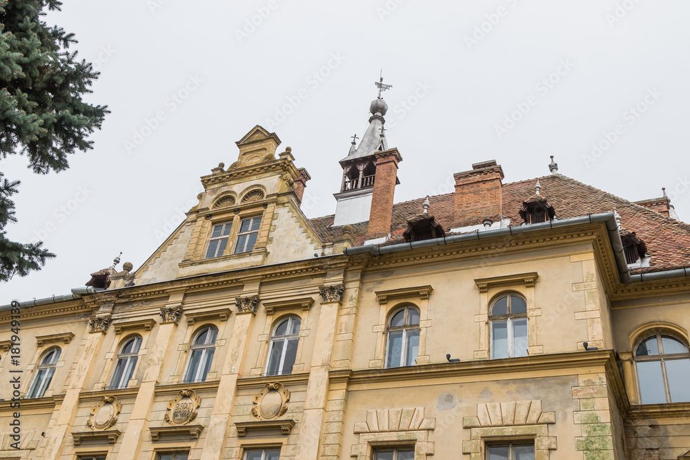 Fragment  of the City Hall building in the castle of old city. Sighisoara city in Romania