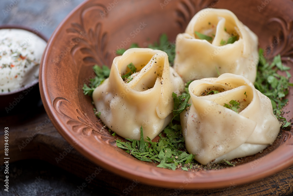 Close-up of manti or steamed meat dumplings served in a clay plate, selective focus, studio shot Close-up of manti or steamed meat dumplings served in a clay plate, selective focus, studio shot