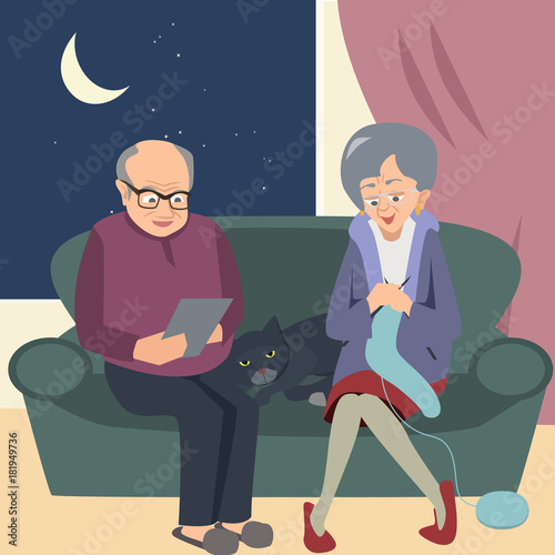 elderly couple at night in home vector illustration