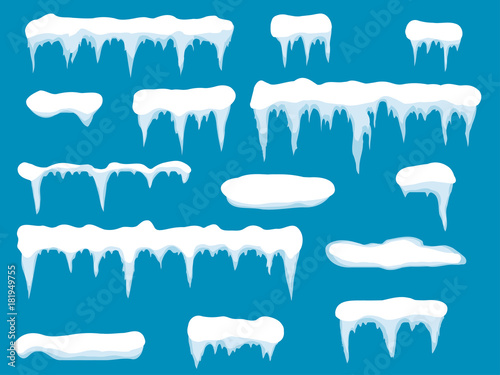 Set of cartoon snow design element on blue background Snow icicles, snow cap isolated. Snowy elements on winter background. Vector template