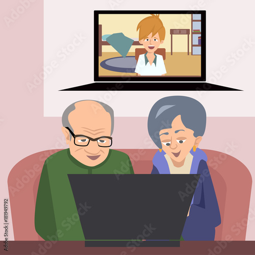 grandparents talking to family with computer vector illustration