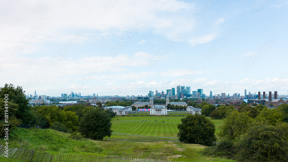 Panorama of London city buildings and landmarks from Greenwich Observatory viewpoint.