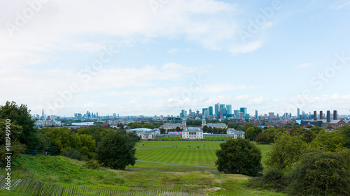 Panorama of London city buildings and landmarks from Greenwich Observatory viewpoint.