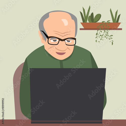 oldman staring at computer vector illustration