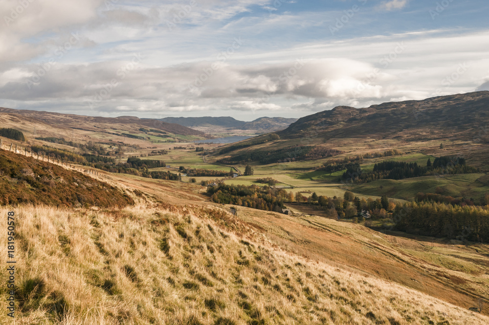 Naklejka premium Glen Quaich / Looking along Glen Quaich from above Pitmackie, Perth and Kinross, Scotland.