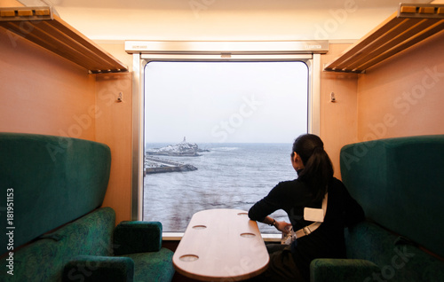 Interior of East Japan Railway Gono line resort Shirakami sightseeing train, Aoike photo