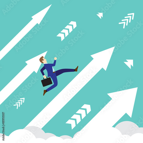 Businessman Running Upward On Arrows