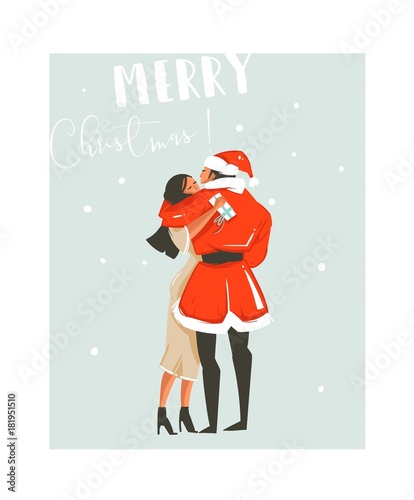 Hand drawn vector abstract fun Merry Christmas time cartoon illustrations card design template with kissing sweet couple of mom and dad in Santa Claus costume isolated on blue background