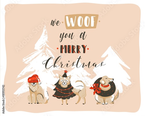 Hand drawn vector abstract fun Merry Christmas time cartoon illustrations poster with xmas dogs and modern handwritten calligraphy text We Woof you a Merry Christmas isolated on pastel background