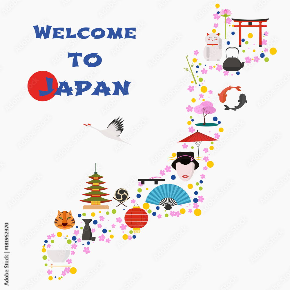 Map of Japan vector illustration, design. Icons with Japanese gate, animals Map of Japan vector illustration, design. Icons with Japanese gate, animals