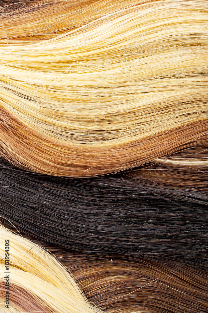 Fototapeta premium Real woman hair texture. Human hair weft, Dry hair with silky volumes. Real european human hair wallpaper texture. Brown blond dark blonde and black. Texture background.
