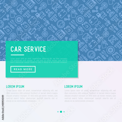 Car service concept with thin line icons of mechanic, computer diagnostics, tools, wheel, battery, transmission, jack. Modern vector illustration for banner, web page, print media.