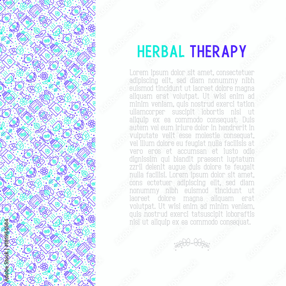 Herbal therapy concept with thin line icons: herbalist, decoction, aromatic oil, oil burner, tea. Vector illustration for banner, web page, print media.