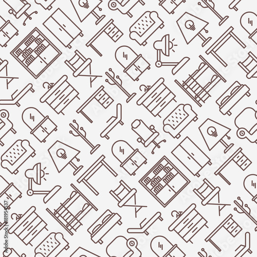 Furniture seamless pattern with thin line icons of coach, bookcase, bed,  dresser, chair, lamp, floor hanger. Modern vector illustration.