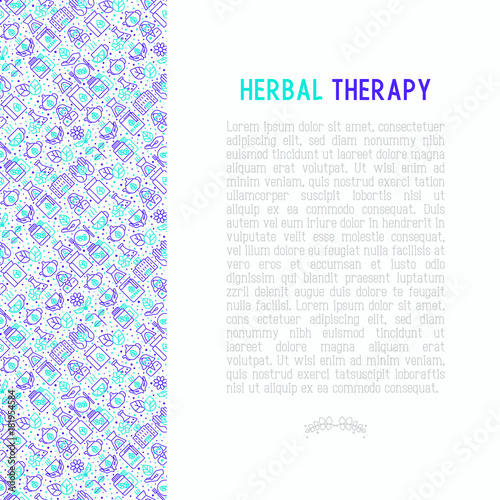 Herbal therapy concept with thin line icons: herbalist, decoction, aromatic oil, oil burner, tea. Vector illustration for banner, web page, print media.