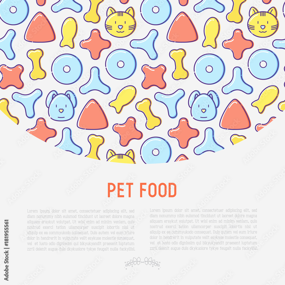 Pet food concept with thin line icons of dry food in different shapes and cute dog and cat. Modern vector illustration.