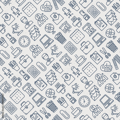 Office seamless pattern with thin line icons of manager, coffee machine, chair, career growth, e-mail, folders, water cooler, lamp. Vector illustration for background.