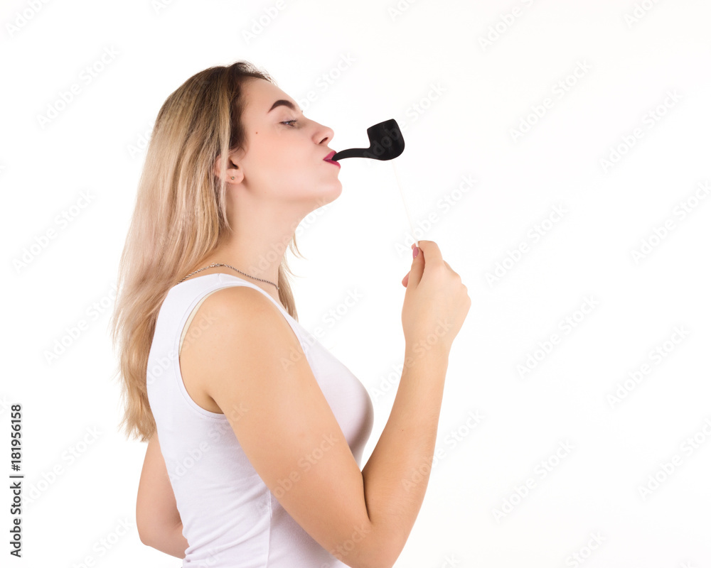 Young pretty woman, smoking pipe, isolated Young pretty woman, smoking pipe, isolated