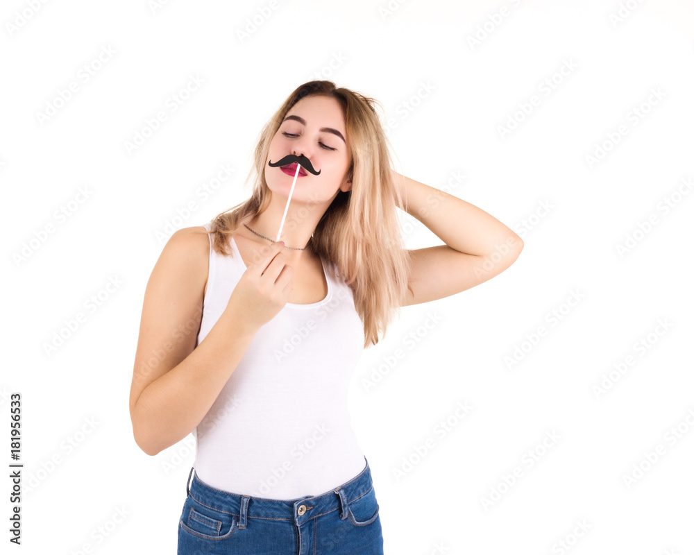 Young cute girl with moustache, studio Young cute girl with moustache, studio
