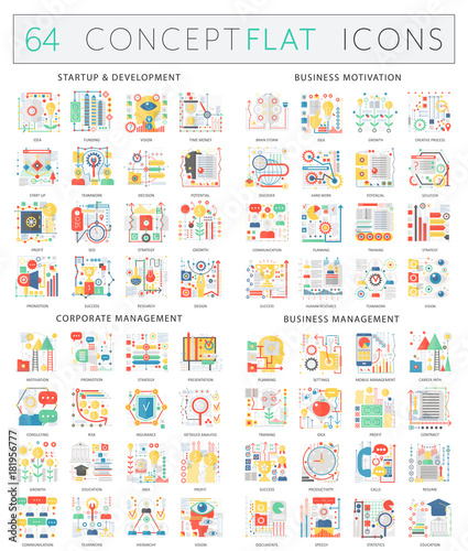 Infographics concept icons of startup development, business motivation, corporate management, business management. Premium quality vector flat design for web graphics.